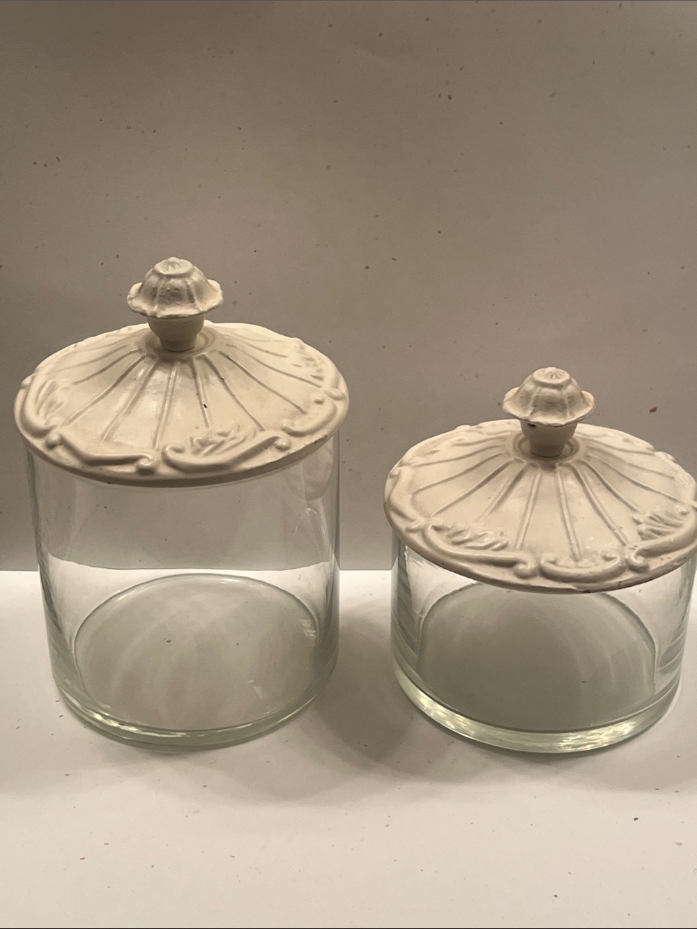Glass Apothecary Jars with Decorative White Metal Scallop Lids (Set of 2)